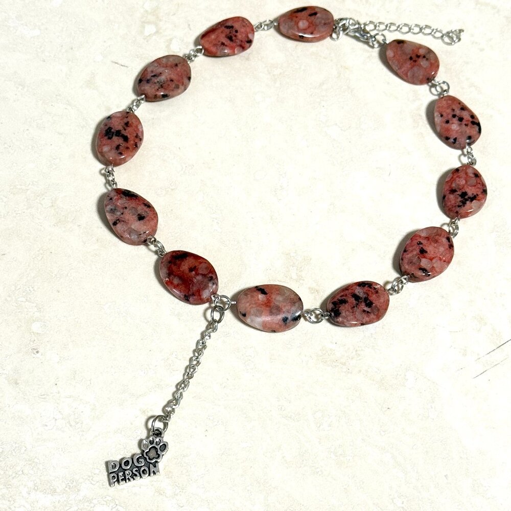 Black Pink Rhodonite Short Lariat Necklace, Gemstone & Dog Person Paw Print